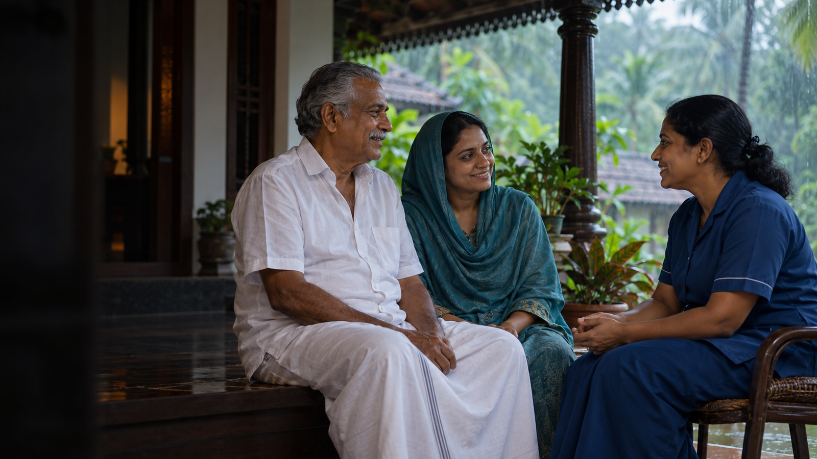 AI illustration of a family and care worker talking in Kerala